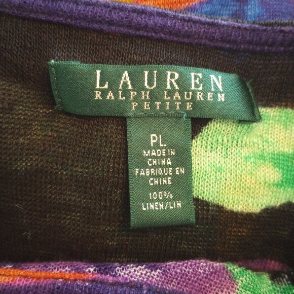 Ralph Lauren Bold Fall Floral Long Sleeve Top sz 14 Petite Stretch Linen Silk - Picture 5 of 6